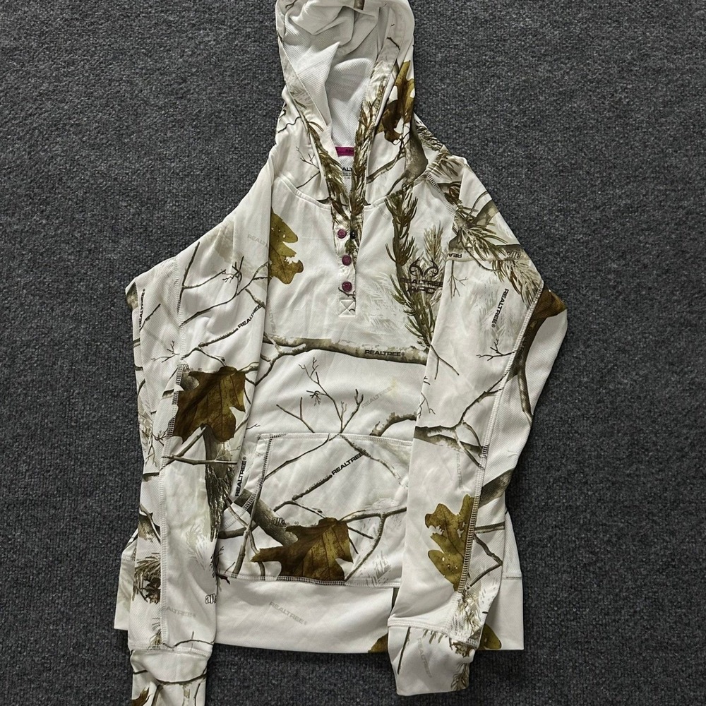 Realtree Hoodie Womens Size S White Camo Henley Pullover Performance Stretch